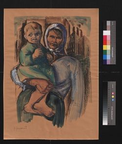 Obraz: F. Reichentál: Matka s dieťaťom, komb.tech., rám,sklo - P00011